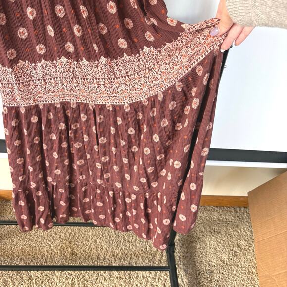 Boho Tiered Prairie Sleeveless Maxi Dress Brown Countryside Earth Girl Medium - Picture 4 of 9